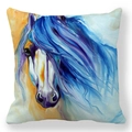 Housse de coussin artistique avec peinture à l'huile de cheval aux couleurs vives - Motif de Tête de Cheval à Crinière Bleu Violet Éclatant (32)