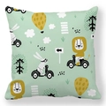 Peach skin pillowcase featuring rabbit on scooter and lion print on mint green background - 45x45cm / Light Green Illustration Animal (28)