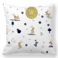 White peach skin pillowcase featuring gold and blue rabbits with festive lanterns - 45x45cm / Chinese Style Mid-Autumn Bunny (29)