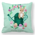 Mint green Easter pillowcase featuring a cute brown bunny in a watering can and colorful eggs - 18x18 Inch / Pattern 31 (Mint Green Base Rabbit Basket)