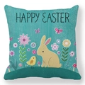 Easter peach skin pillowcase with Happy Easter text and rabbit illustration - 18x18 Inch / Pattern 36 (Vintage Teal Easter Bunny)