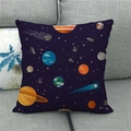 Close-up of linen cushion cover featuring cartoon space planets and comet on a grey sofa - 18x18 Inch / Cartoon Aerospace Illustration Style (8)
