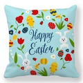 Blue Easter pillowcase with Happy Easter text, rabbit, eggs and tulip patterns - 18x18 Inch / Blue Happy Easter Chick (39)