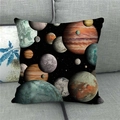 Space galaxy theme linen pillowcase featuring colorful planets on a dark grey sofa - 18x18 Inch / Colorful Realistic Planets Style (15)