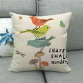 Detail of linen pillowcase with colorful bird mushroom print and artistic text - Bird and Mushroom Illustration (2)
