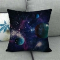 Detailed view of linen cushion cover with galaxy and planet patterns on a grey sofa - 18x18 Inch / Intertwined Purple Blue Nebula Style (14)