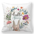Easter rabbit pillow cover with watercolor flower wreath and hello spring text - 18x18 Inch / Pattern 39 (Hello Spring Bunny)