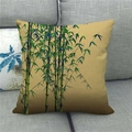 Detailed texture of linen pillowcase featuring green bamboo ink painting on yellow base - 45x45cm / Pale Yellow Antique Style Green Bamboo (11)