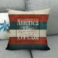 Detail of America The Great slogan on rustic linen pillow cover with woven texture - 18x18 Inch / America The Great Wood Grain (2)