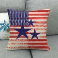 Close-up of linen pillow cover with US flag stripes and 3D blue star design on sofa - 18x18 Inch / 3D Visual Stars (14)