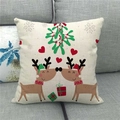 Christmas reindeer pattern linen throw pillowcase displayed on a grey fabric sofa - 45x45cm / Cartoon Reindeer with Gift Box (6)