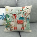 Close-up of linen Christmas pillowcase featuring a cute reindeer with festive trees - 45x45cm / Red Hat Reindeer Style (15)