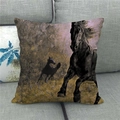 Macro detail of high-quality linen texture on a cushion cover with wild horse painting - Oil Painting Black Horse Style (13) / 45x45cm