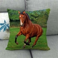 Close-up of linen pillowcase featuring a realistic brown galloping horse in a forest - Forest Galloping Style (14) / 45x45cm