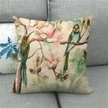 Detail of linen cushion cover showing watercolor kingfisher and pink magnolia print - Kingfisher Magnolia (12)