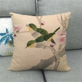 Close-up of linen pillowcase with watercolor floral and bird pattern on grey sofa - Chinese Style Bird & Flowers (13)