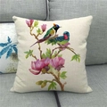 Detail of floral and bird watercolor pattern on linen square throw pillow cover - Colorful Birds With Blooming Pink Flowers (9)