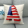 Close-up of linen cushion cover featuring a 3D American flag pattern letter A on a grey sofa - Stars and Stripes Letter A (6) / 45x45cm