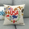 Close-up of USA American flag linen pillowcase with Liberty and eagle prints on a sofa - American Culture Collage (7) / 45x45cm