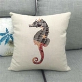 Detail of vintage seahorse print with star patterns on beige linen throw pillow cover - Vintage Flag Seahorse (10) / 45x45cm