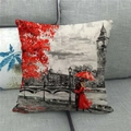 Kissenbezug aus Leinen mit Eiffelturm-Ölgemälde und Paar unter einem roten Regenschirm - 45x45cm / London Big Ben Roter Regenschirm Rückenansicht Stil (4)
