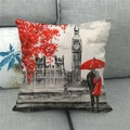 Leinen Kissenbezug mit Londoner Ölgemälde Kunst, Big Ben und rotem Regenschirm Motiv - 45x45cm / London Big Ben Roter Ahorn Paar Stil (3)
