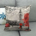 Detaillierte Textur eines Leinenkissenbezugs mit London-Motiv und rotem Doppeldeckerbus - 45x45cm / London Big Ben Roter Bus Stil (1)