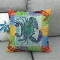Detail of artistic watercolor crab and shrimp print on a textured linen throw pillow - Blue Crab Colorful Block Background (6)