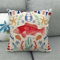 Square watercolor linen pillowcase featuring red fish and nautical ocean themed patterns - Red Big Fish Starfish Lifebuoy Illustration (13)