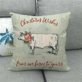 Close-up of linen Christmas pillow cover with farmhouse cow and holiday greeting text - Christmas Wishes Cow (8) / 18x18 Inch