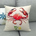 Detailed view of linen cushion cover featuring red watercolor crab and lemon print decoration - Red Crab Lemon Leaves Fresh Style (16)