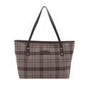 Classic grey and brown checkered tote bag with leather straps on white background - Large Plaid Gray