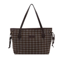Plaid canvas bucket tote bag with leather handles and drawstring side details - Small Grey Plaid