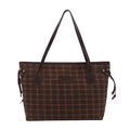 Brown plaid tote bag with faux leather straps and vintage grid pattern style - Small Plaid Brown
