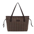 Classic red and green plaid tote bag with dark brown leather handles and side straps - Small Green Grid