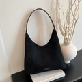 Minimalist black suede crescent tote bag with wide strap for shoulder and crossbody use - Black without Pendant