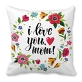 Detailed view of i love you mom print on white floral wreath square pillowcase - 18x18 Inch / Handwritten Heart Wreath Style (11)