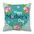 Close-up of Happy Mother's Day cushion cover with pink floral prints on blue fabric - Blue Base Heart Pattern (17)
