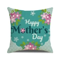 Detail of linen cushion cover featuring floral patterns and Happy Mother's Day text - Cyan Base Pink Purple Flowers (Style 17)