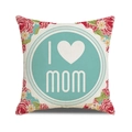 Close-up of linen pillow cover with floral I Love Mom heart graphic print - Beige Blue Round Label with Floral Pattern (10)