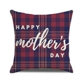 Detail of Happy Mother's Day text on a red and blue plaid linen square pillowcase - Red Blue Tartan with Artistic Text Pattern (16)