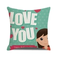 Detail of linen pillowcase with Love You print and Happy Mother's Day design - Cyan Blue Background Cartoon Girl and Heart Pattern (19)