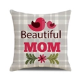 Close-up of linen pillow cover with Beautiful MOM text and bird floral pattern - Gray White Gingham Bird Beautiful MOM Style (33)