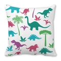 Quadratischer weißer Kissenbezug mit bunten Zeichentrick-Dinosauriern und Palmenblättern - Lebhafte Springende Dinosaurier-Silhouette (22)