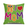 Detail of linen pillowcase with I Love Mom orange cat print on green grass pattern - Bright Green Cat Style (17)