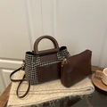 Houndstooth pattern tote bag set with round wooden handle and matching inner pouch - Brown