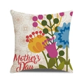 Macro detail of linen texture and colorful floral Mother's Day print on square pillowcase - Colorful Flowers Beige Base (18)
