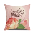 Close-up of linen pillowcase with pink roses and Love You Mom text for Mother's Day gift - Pink Rose Ribbon (21)