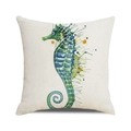 Detail of artistic watercolor seahorse print on a square linen textured cushion cover - Watercolor Seahorse Style 2 (2)
