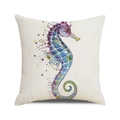 Detail of artistic watercolor seahorse print on square linen decorative cushion cover - Watercolor Seahorse Style 3 (3)
